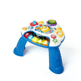 Blue activity table toy with colorful piano keys, lights and buttons