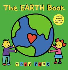 Cover of The Earth Book by Todd Parr showing two children hugging a smiling globe