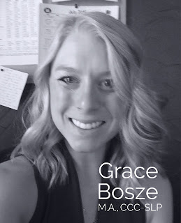 Grace Bosze, M.A., CCC-SLP, smiling in a black and white portrait