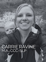 Carrie Ravine, M.A., CCC-SLP, smiling with a child in a black and white portrait