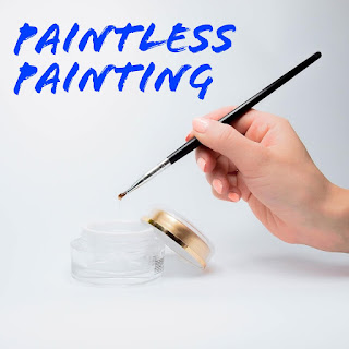 Graphic reading Paintless Painting with a hand holding a small paintbrush over an empty jar