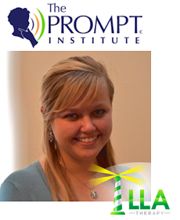 Smiling woman beside The PROMPT Institute and LLA Therapy logos