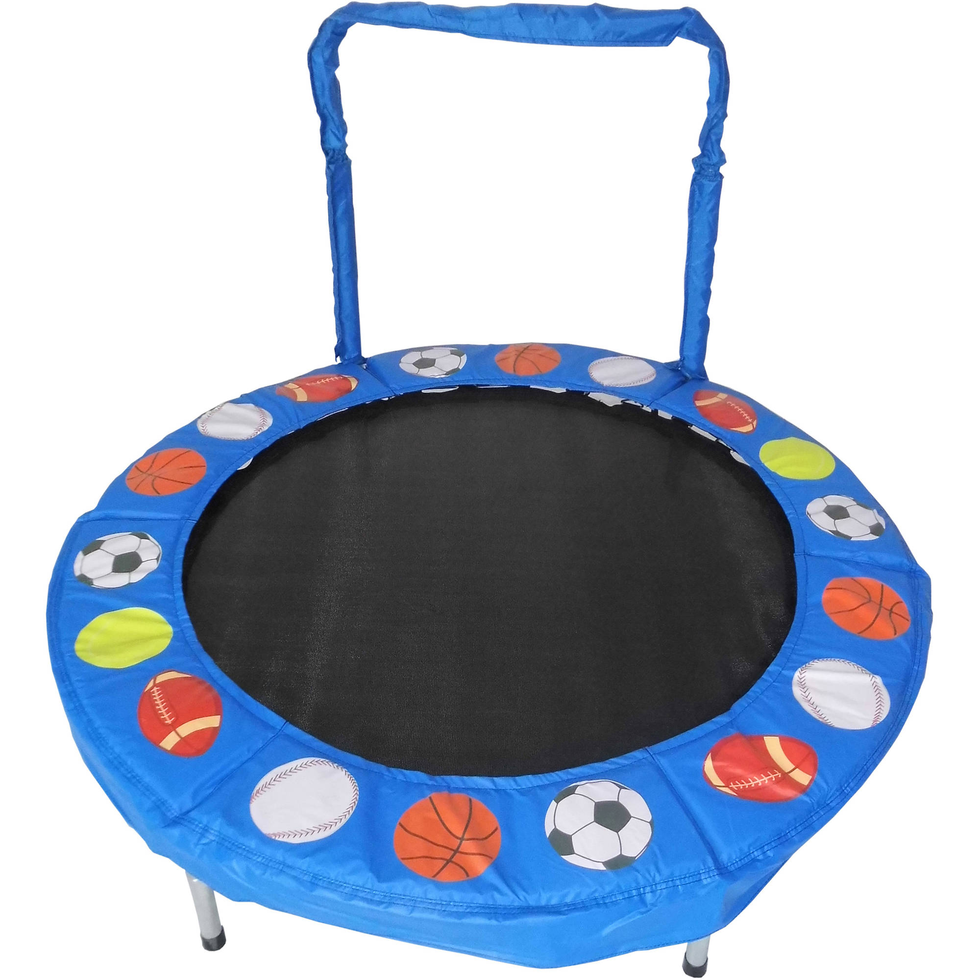 Blue round mini trampoline with a handlebar and sports ball designs on the cover