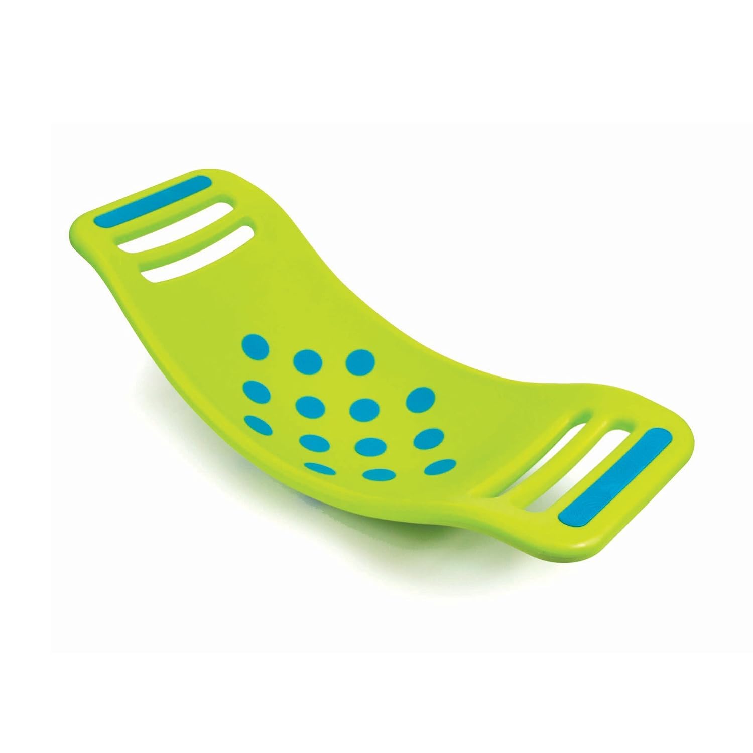 Green Fat Brain Toys Teeter Popper balance board with blue circles and handles