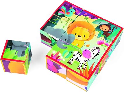Wooden animal cube puzzle with a jungle scene of a lion, elephant, zebra and monkey