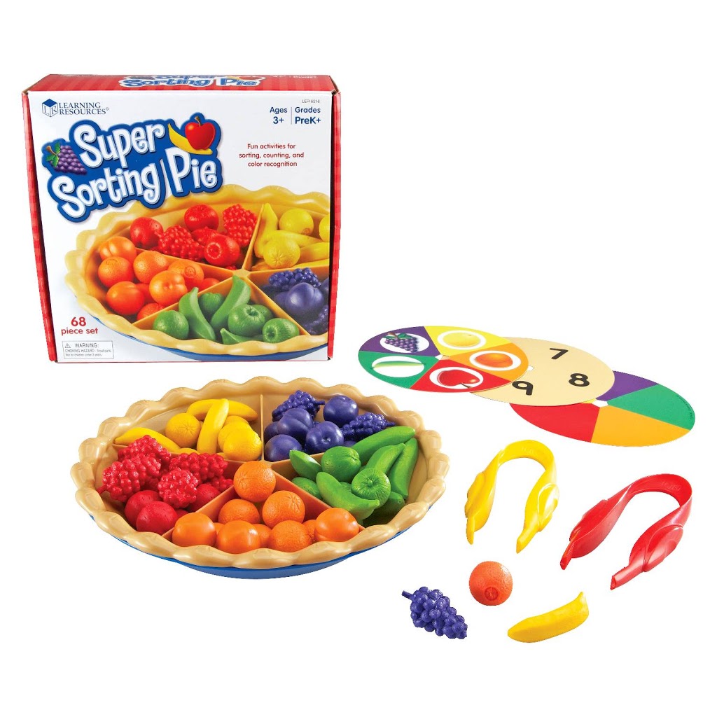 Super Sorting Pie toy set with a box, plastic fruit and vegetables, a sorting pie, tongs and a number spinner