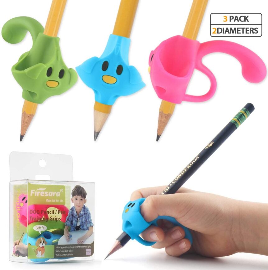 Three pencils with colorful silicone pencil grips and a hand writing with a blue grip