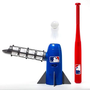 Blue rocket-shaped baseball pitching machine with a red toy bat