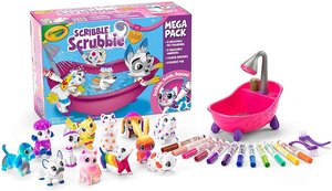 Crayola Scribble Scrubbie mega pack with toy animals, a pink bathtub and markers