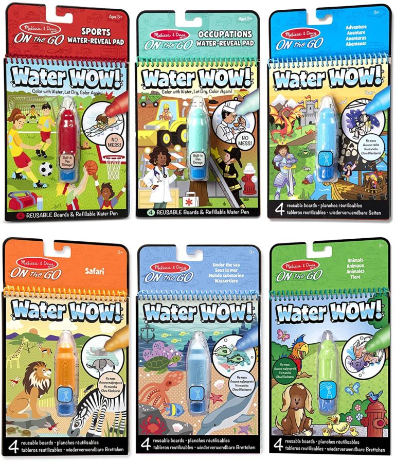 Six Melissa and Doug Water Wow reusable water-reveal activity pads with different scenes