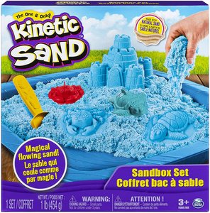 Kinetic Sand sandbox set box with blue sand and molds