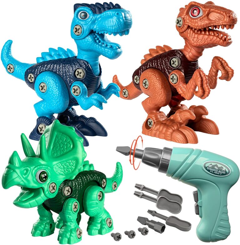 Three take-apart dinosaur toys in blue, orange and green with a toy electric drill