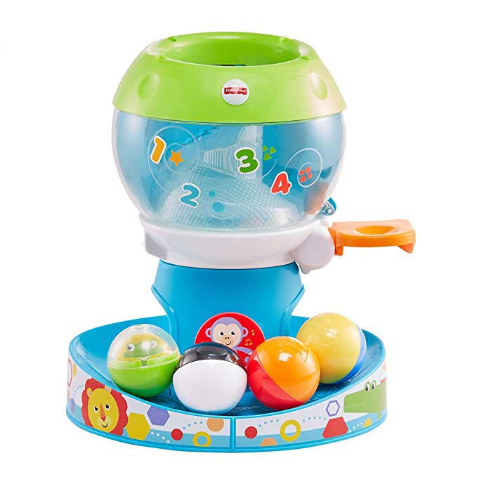 Fisher-Price gumball machine toy with colorful balls and a number display