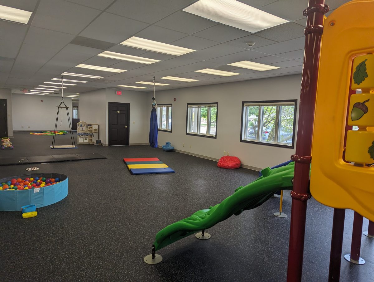 Large therapy gym with a ball pit, floor mats, platform swing and a green slide