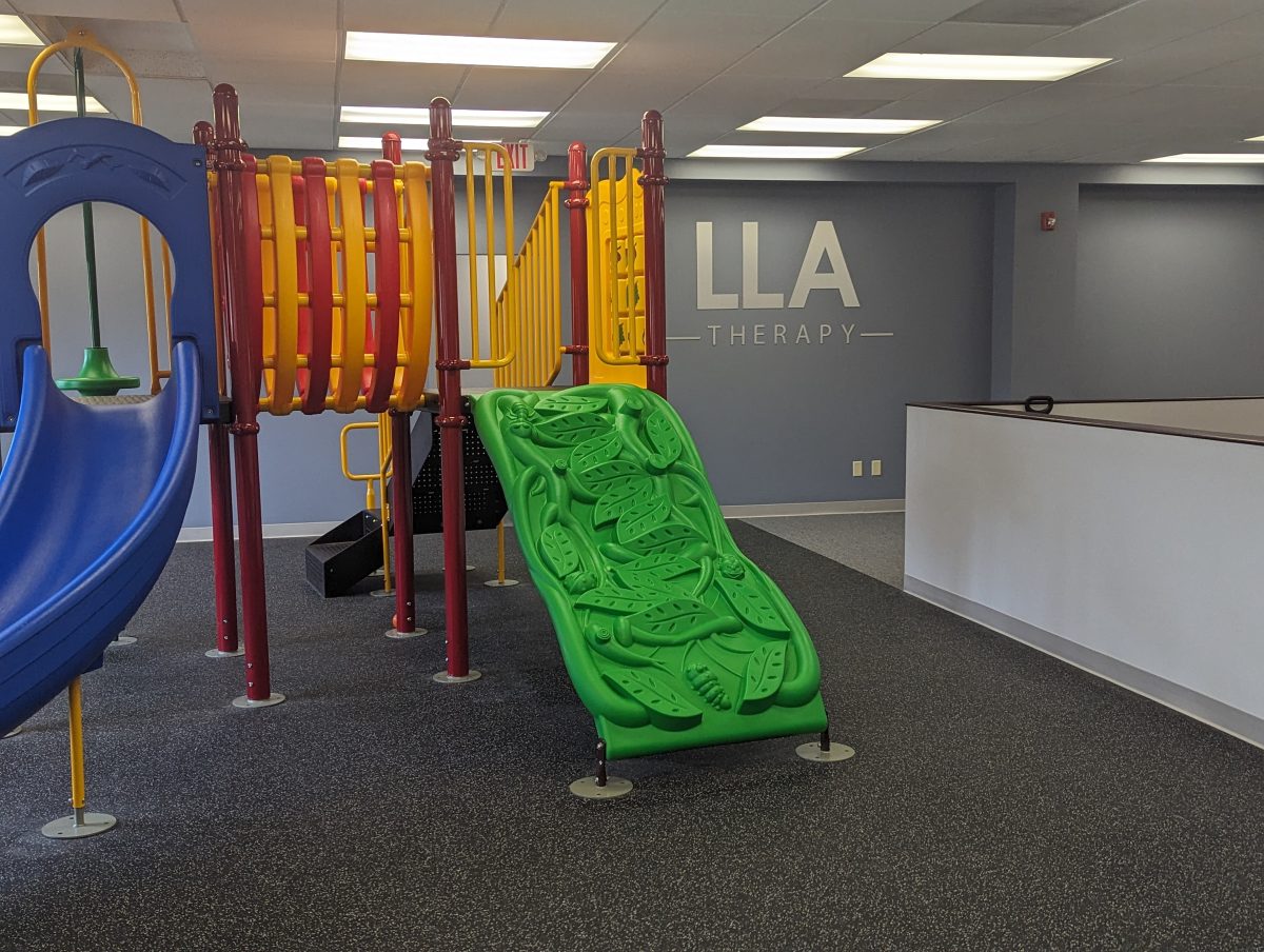 Indoor play structure with slides in front of the LLA Therapy logo on a gray wall