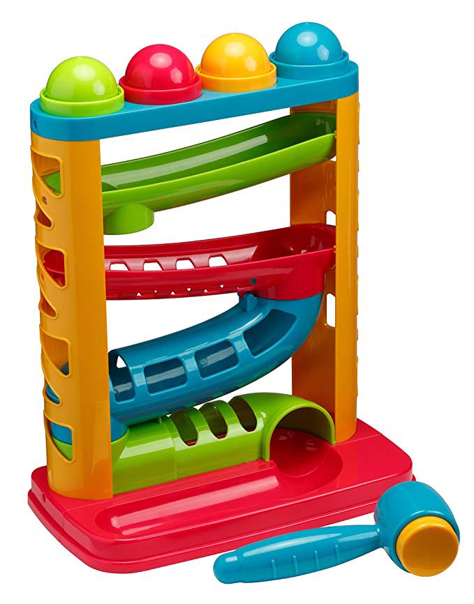 Colorful ball popper tower toy with a mallet