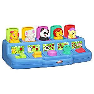 Blue pop-up toy with five animal friends popping out of doors