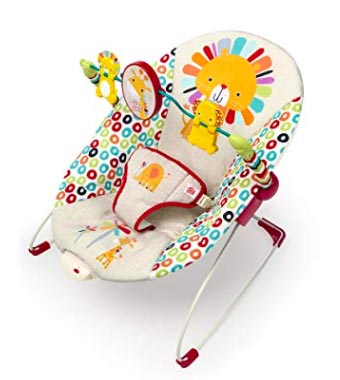 Bouncer seat with a colorful circle pattern, a lion toy bar and giraffe toys
