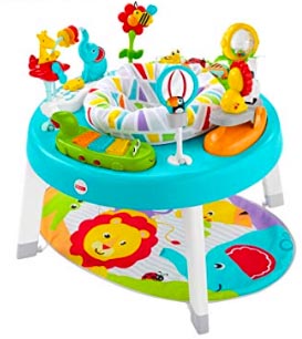 Stationary activity center with a teal seat, toy tray and an animal play mat below