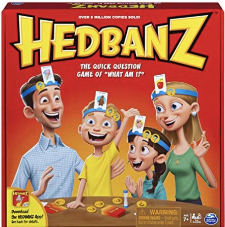 Hedbanz game box showing a family wearing headbands with picture cards