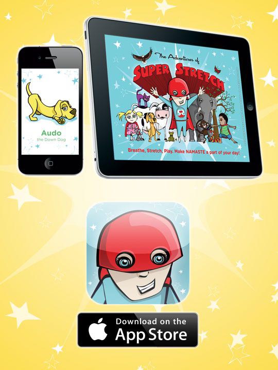 App Store promotional image for the Super Stretch Yoga app showing a phone, a tablet and the app icon