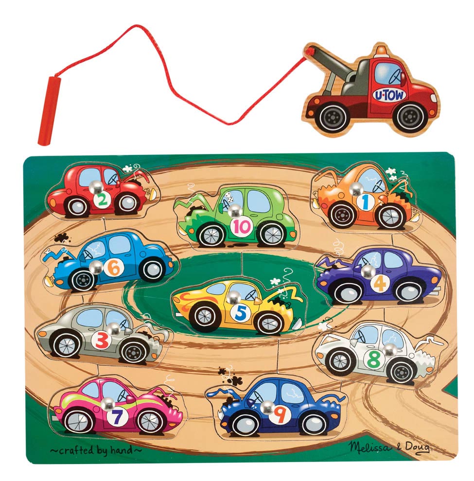 Melissa and Doug magnetic car puzzle game with a tow truck on a string and numbered cars