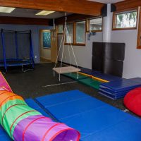 Therapy room with a swing, blue mats and a colorful play tunnel