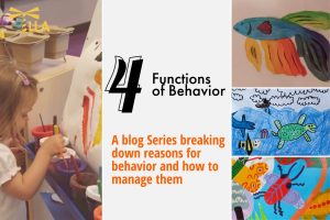 Graphic reading 4 Functions of Behavior, a blog series breaking down reasons for behavior and how to manage them, beside a child painting and colorful paintings of sea animals