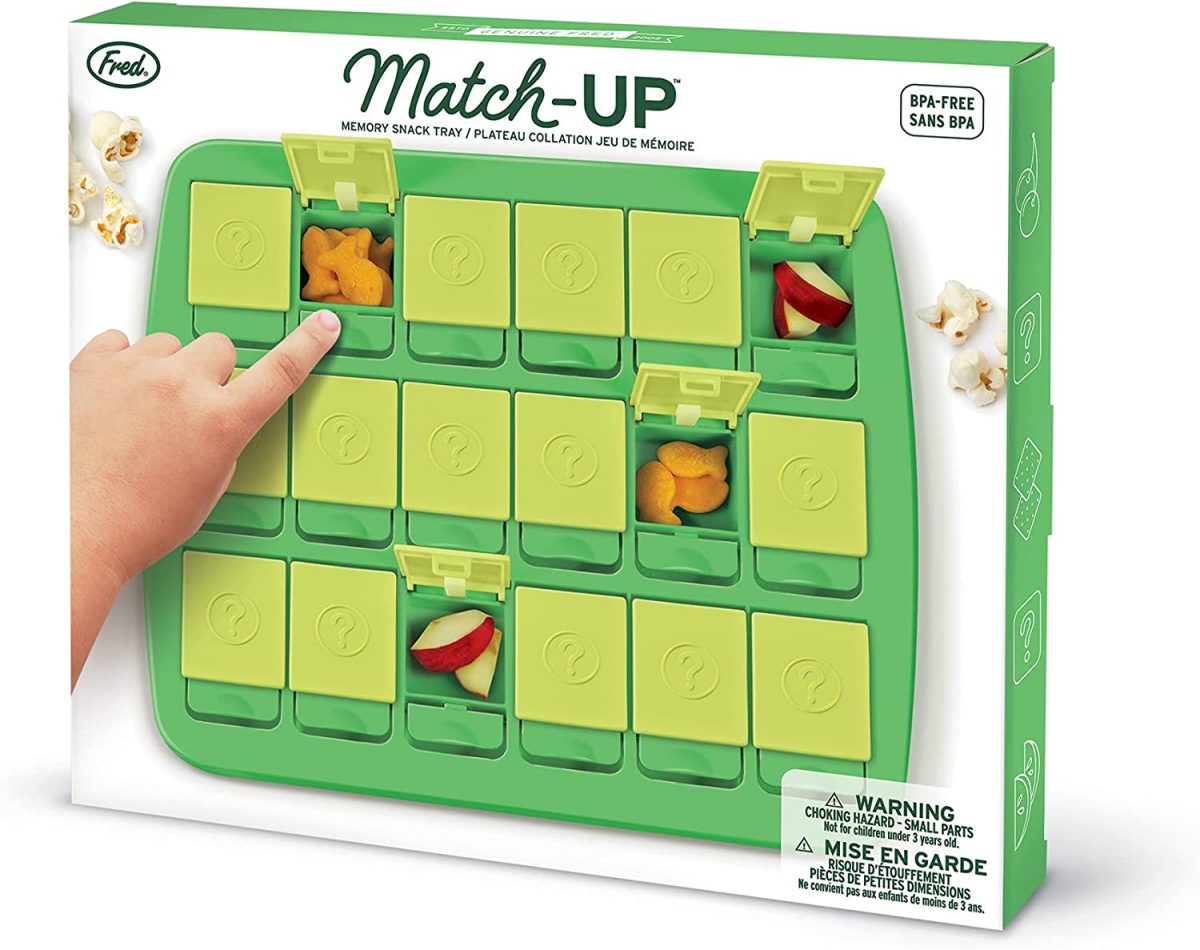 Match-Up Memory Snack Tray with green flip-open compartments holding snacks