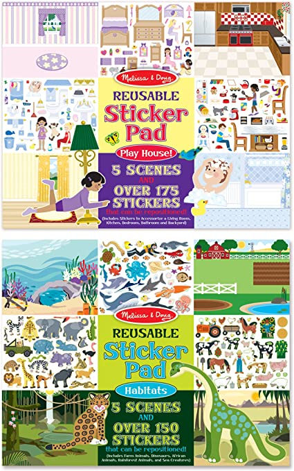 Two Melissa and Doug reusable sticker pads, Play House and Habitats