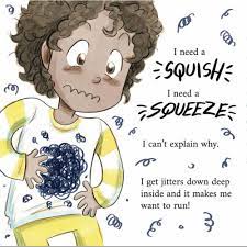 Book page showing a child with a scribble on her stomach and the text I need a squish, I need a squeeze, I can't explain why