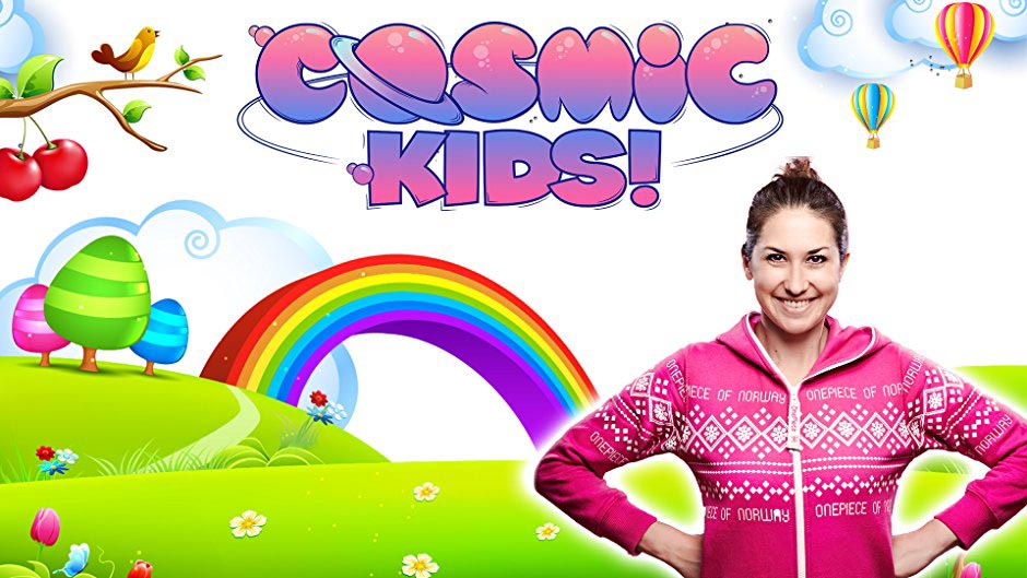 Cosmic Kids Yoga banner with a smiling woman in a pink sweater in front of a rainbow