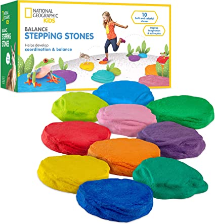 Set of ten colorful rubber stepping stones with a box showing a child hopping across them
